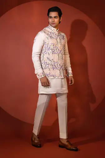 White satin nehru jacket set