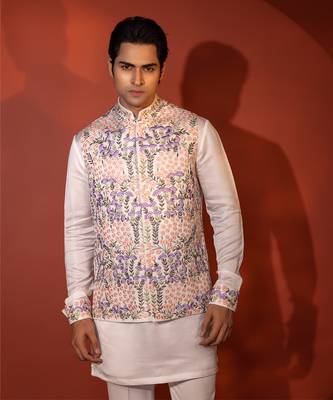 White satin nehru jacket set 4