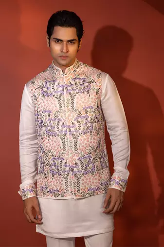 White satin nehru jacket set