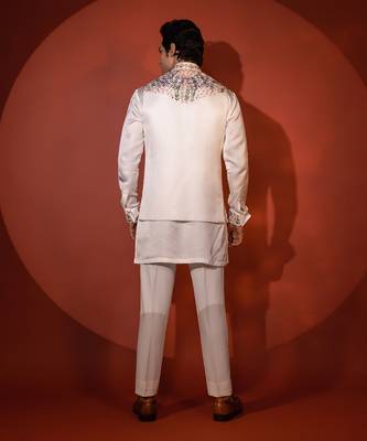 White satin nehru jacket set 5