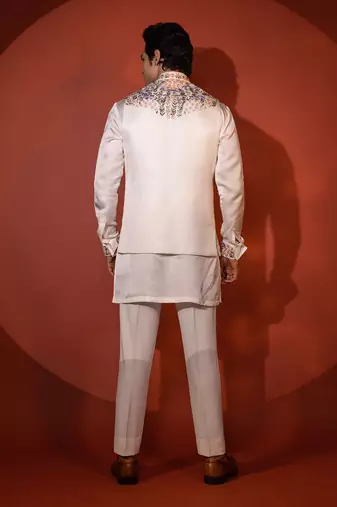 White satin nehru jacket set