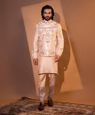Blush pink silk nehru jacket set 1