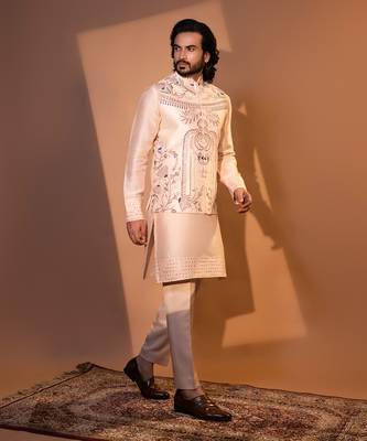 Blush pink silk nehru jacket set 2