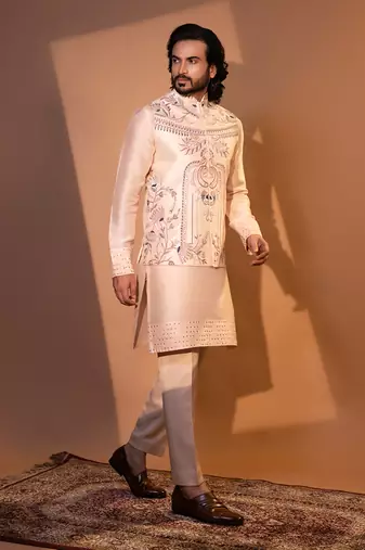 Blush pink silk nehru jacket set