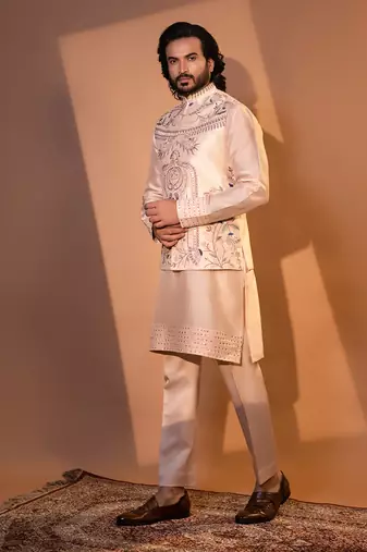 Blush pink silk nehru jacket set