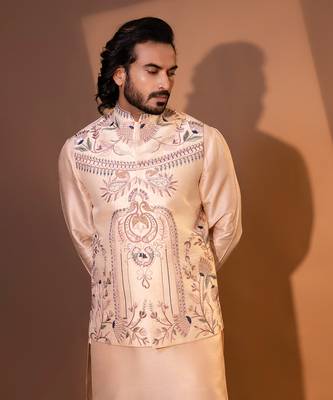 Blush pink silk nehru jacket set 4