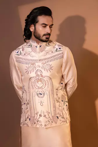 Blush pink silk nehru jacket set