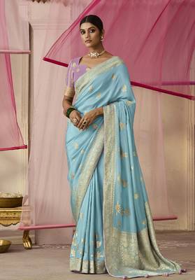 Aqua Blue Weaving Viscose Floral Printed Saree 1