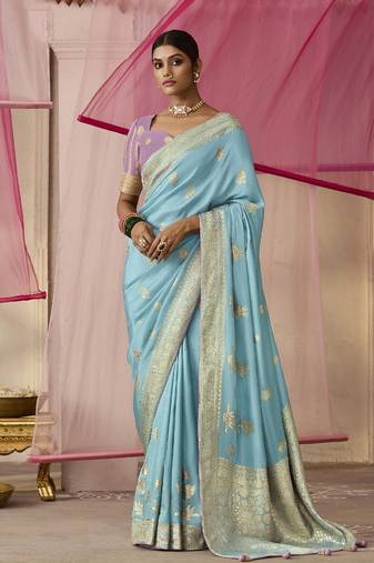 Aqua Blue Weaving Viscose Floral Printed Classic Saree