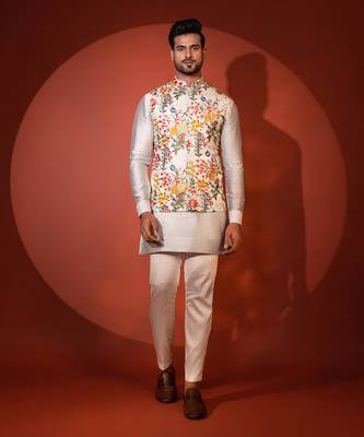 Green chanderi nehru jacket set 1