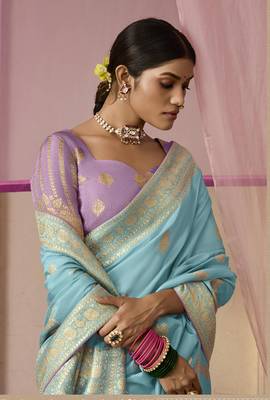 Aqua Blue Weaving Viscose Floral Printed Saree 2