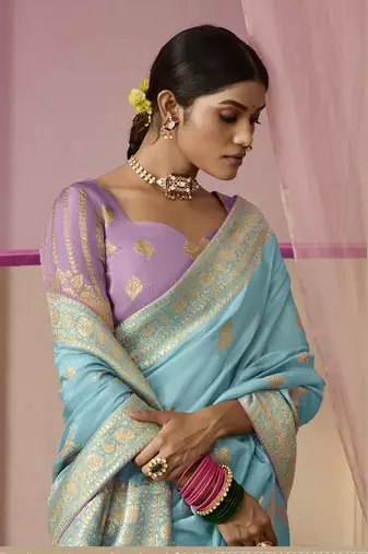 Aqua Blue Weaving Viscose Floral Printed Saree