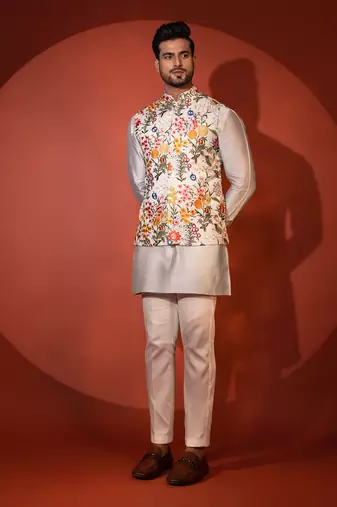 Green chanderi nehru jacket set