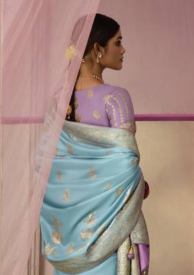Aqua Blue Weaving Viscose Floral Printed Saree 3