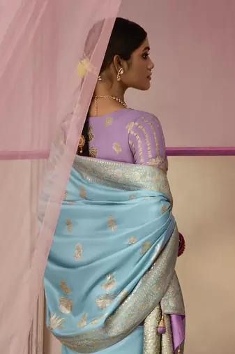 Aqua Blue Weaving Viscose Floral Printed Saree