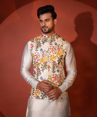 Green chanderi nehru jacket set 3