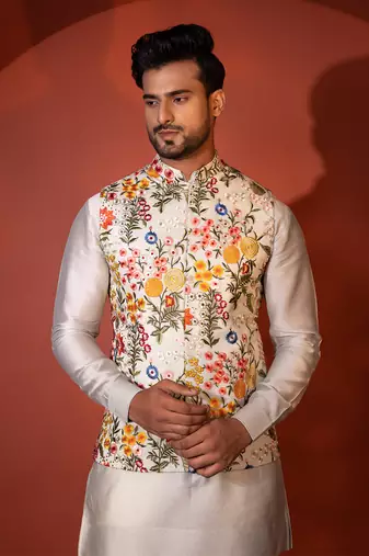 Green chanderi nehru jacket set