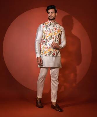 Green chanderi nehru jacket set 4