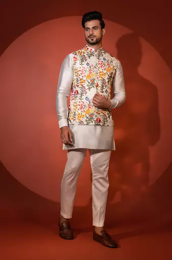 Green chanderi nehru jacket set