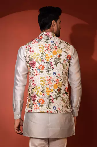 Green chanderi nehru jacket set