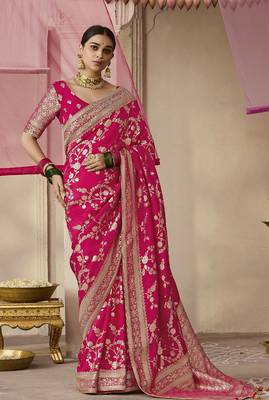 Rani Pink Viscose Weaving Floral Printed Saree 1