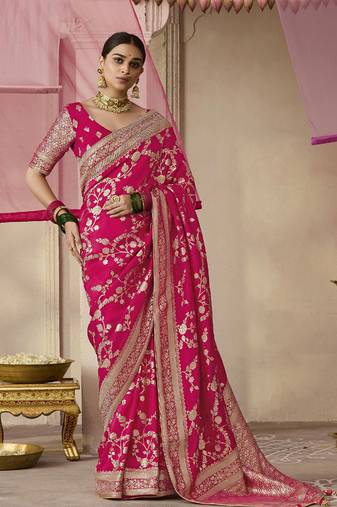Rani Pink Viscose Weaving Floral Printed Saree