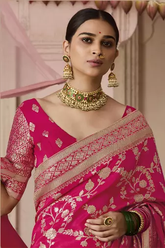 Rani Pink Viscose Weaving Floral Printed Saree