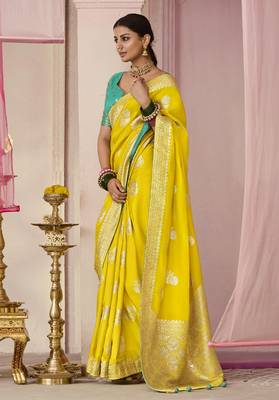 Yellow Weaving Floral Printed Viscose Saree 1