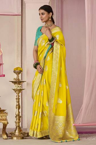 Yellow Weaving Floral Printed Viscose Classic Saree