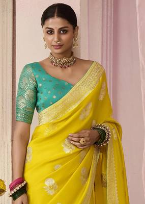 Yellow Weaving Floral Printed Viscose Saree 2