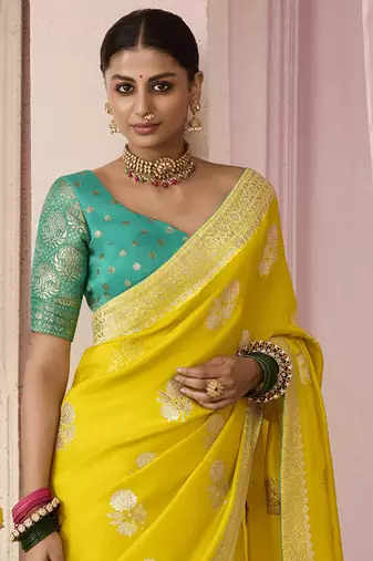 Yellow Weaving Floral Printed Viscose Saree