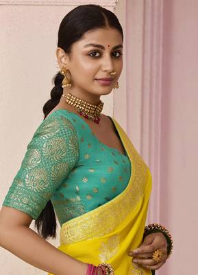 Yellow Weaving Floral Printed Viscose Saree 3
