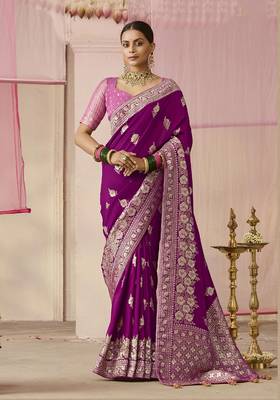 Purple Viscose Weaving Floral Printed Saree 1