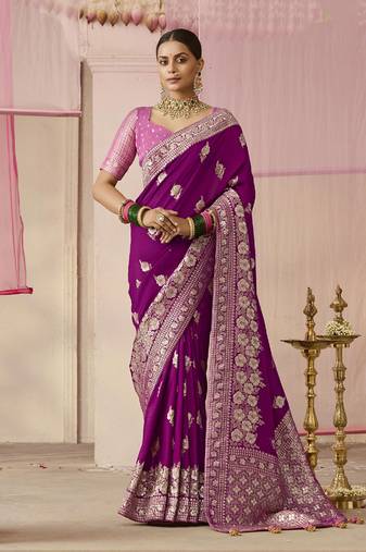 Purple Viscose Weaving Floral Printed Contemporary Saree