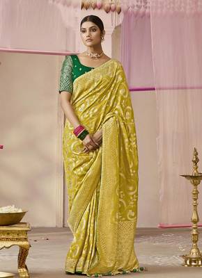 Viscose Light Olive Weaving Floral Printed Saree 1