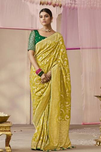 Viscose Light Olive Weaving Floral Printed Saree