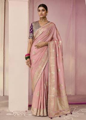 Light Pink Weaving Floral Printed Viscose Saree 1