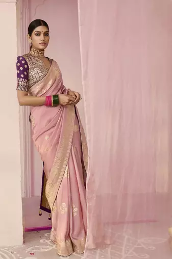 Light Pink Weaving Floral Printed Viscose Saree