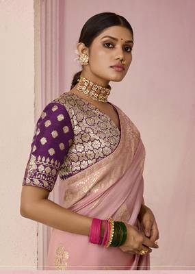 Light Pink Weaving Floral Printed Viscose Saree 3