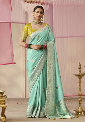 Weaving Floral Printed Viscose Saree In Aqua Blue 1