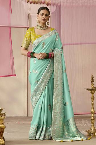 Weaving Floral Printed Viscose Classic Saree In Aqua Blue