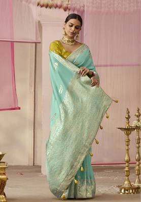 Weaving Floral Printed Viscose Saree In Aqua Blue 2