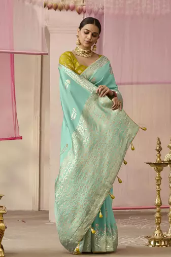 Weaving Floral Printed Viscose Saree In Aqua Blue