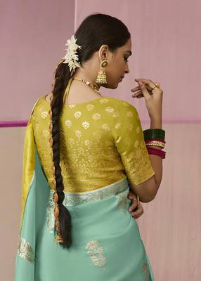 Weaving Floral Printed Viscose Saree In Aqua Blue 3