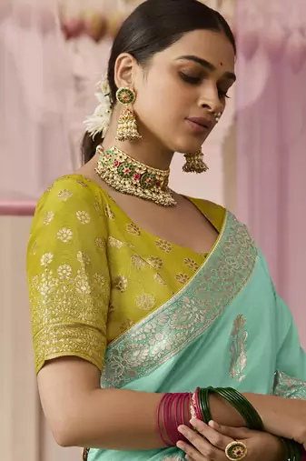 Weaving Floral Printed Viscose Saree In Aqua Blue