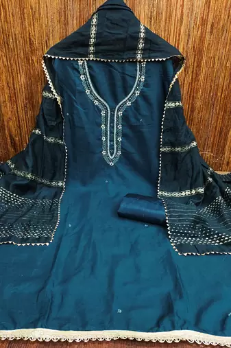 Teal Parampara Cotton Unstitched Dress Material with Handwork & Embroidered Dupatta
