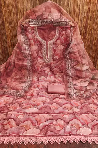 Delicate peach organza sequence dress material with dupatta