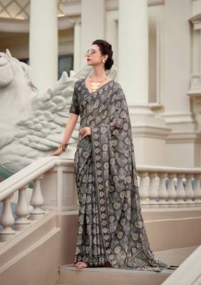 Grey Designer Printed Cotton silk blend Saree With Blouse 1