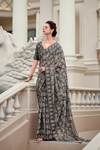 Grey Designer Printed Cotton silk blend Saree With Blouse