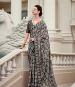 Grey Designer Printed Cotton silk blend Saree With Blouse